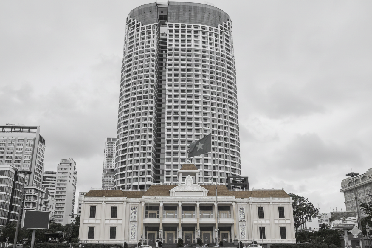 Luxury hotel exterior with modern architecture and beautiful landscaping