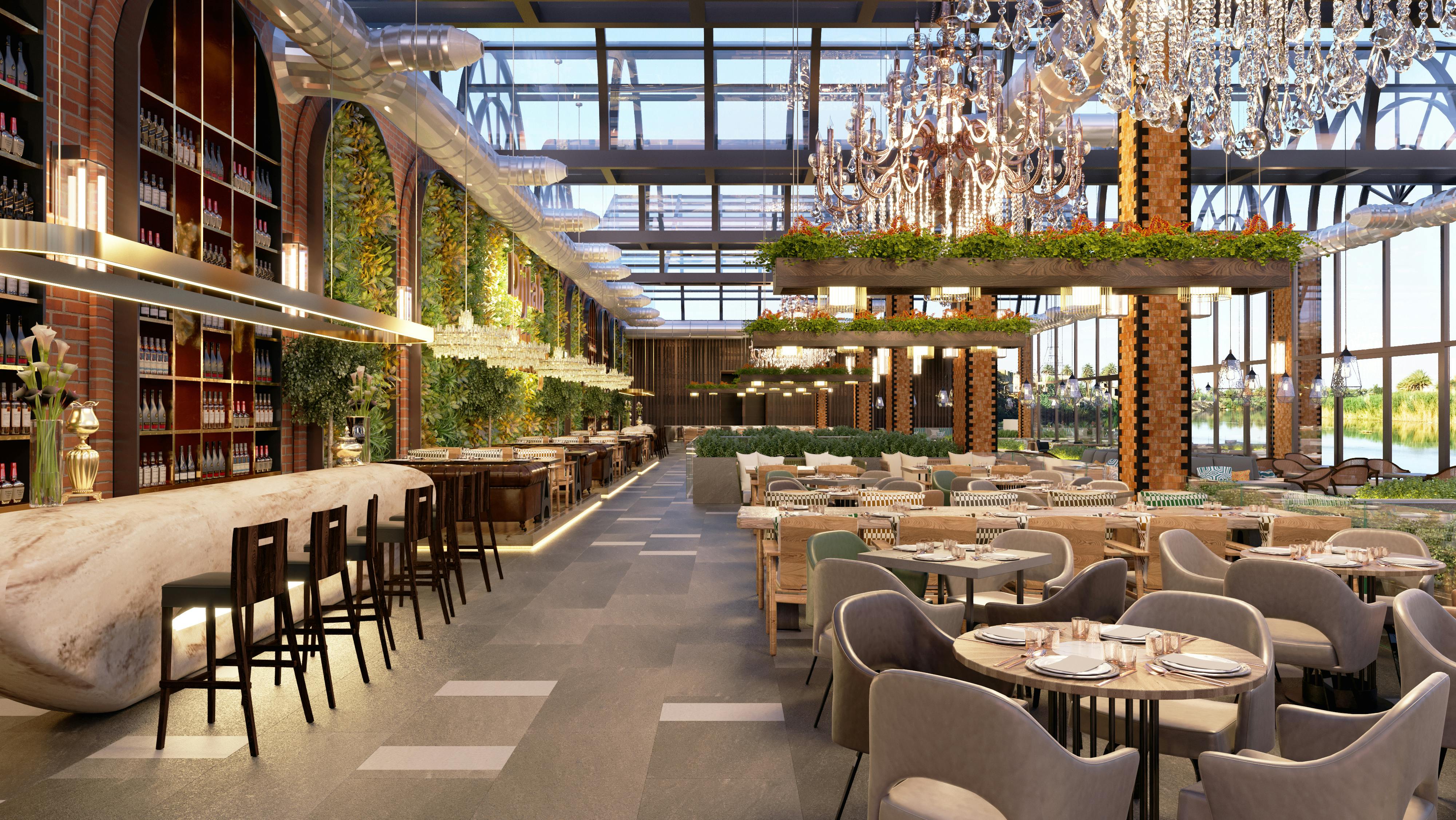 Luxurious restaurant interior with elegant dining tables and chandelier
